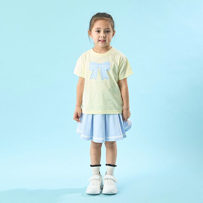 日本 Lycee mine - 純棉百搭印花短袖上衣-迷你蝴蝶結-淺粉