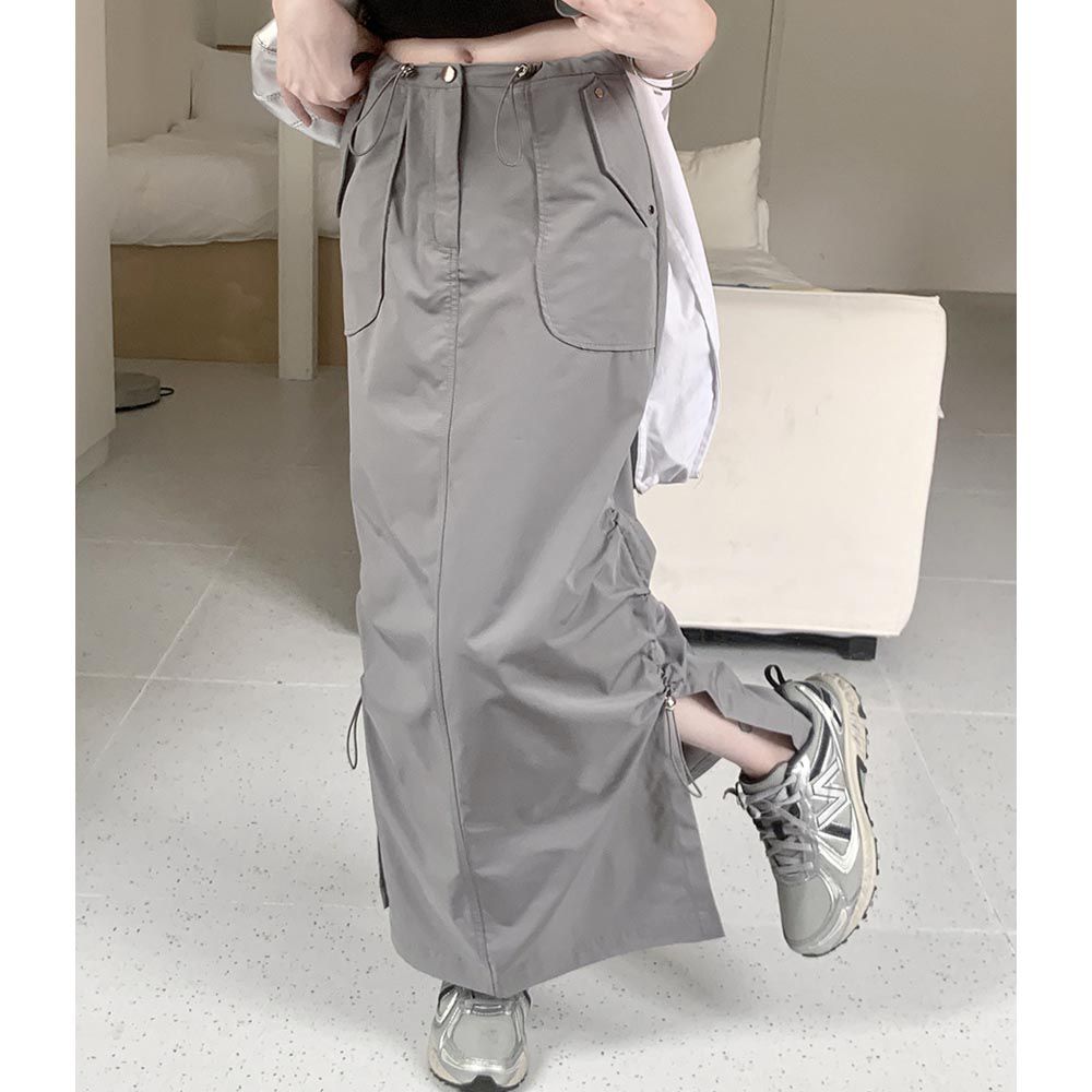 TIANYIFEI - 大口袋抽繩抓皺超顯瘦工裝裙-灰色