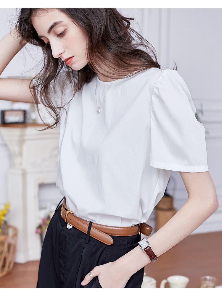 反轉設計圓領短袖上衣-背面鈕扣-黑灰色