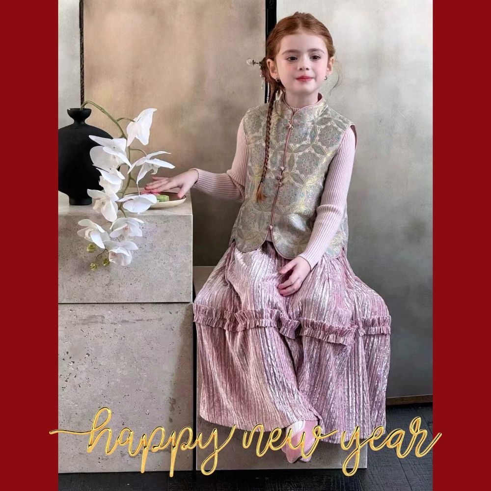 新年拜年新中式優雅旗袍領盤扣織錦背心絲絨壓摺長裙套裝-背心+長裙＋長袖內搭(3件套)-氣質深皮粉