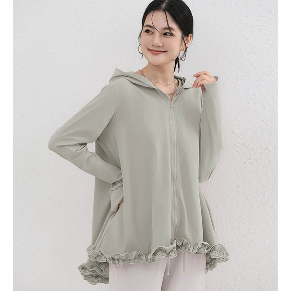 設計感前短後長連帽防曬外套-荷葉邊-淺綠色