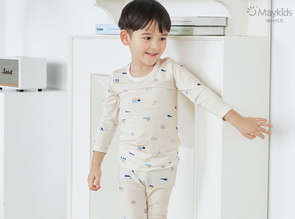 天絲莫代爾透氣長袖家居服-小交通工具-米