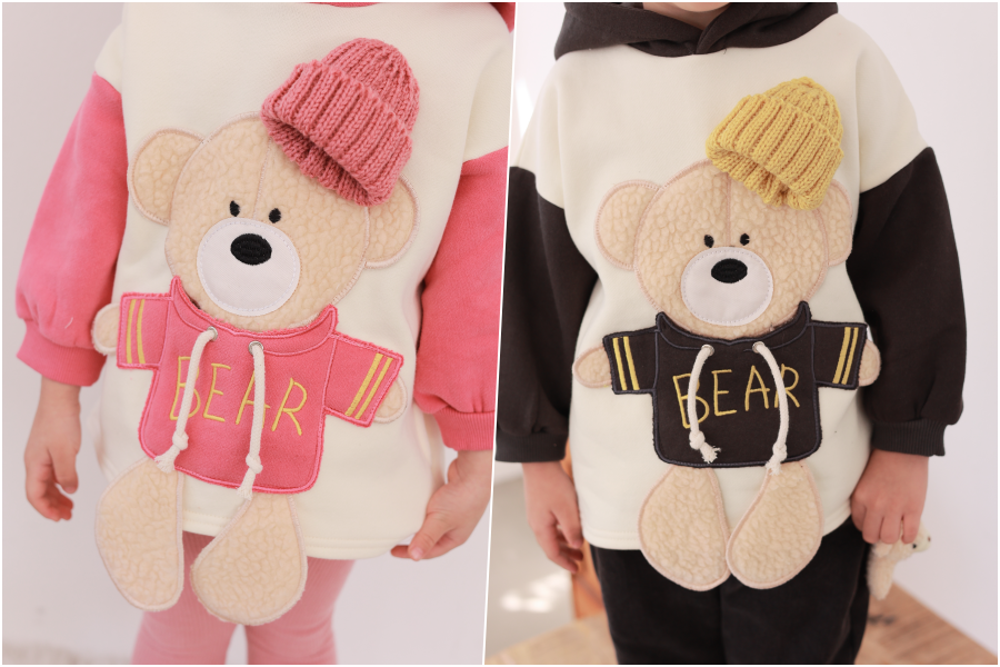 韓國 Coco rabbit - 裝飾大熊連帽長袖上衣-粉