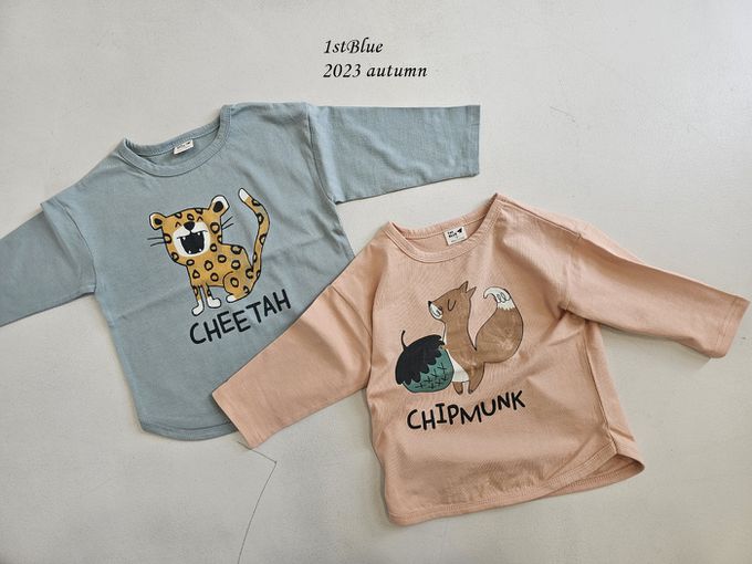 韓國 First Blue - 動物印花長袖上衣-松鼠-淺橘杏