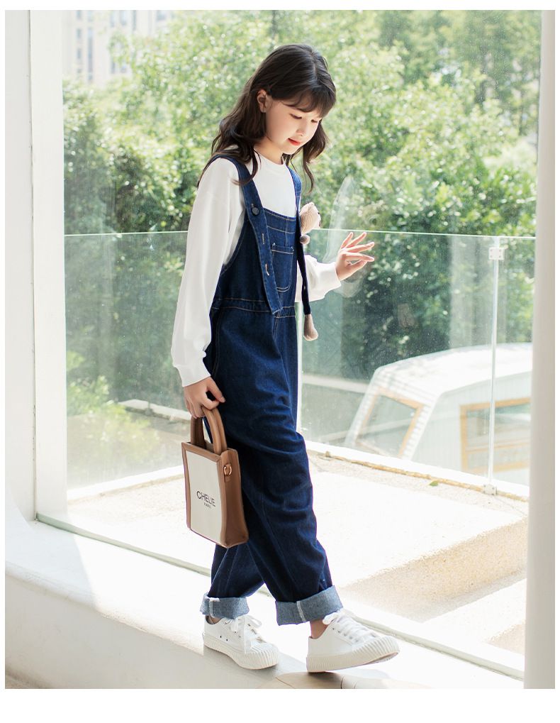 休閒牛仔寬鬆吊帶褲-小熊-綠色