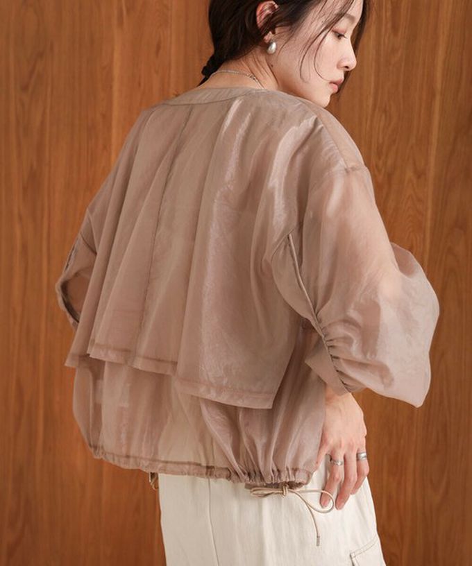 日本 Bab - 優美透膚精緻感抽繩薄外套-卡其棕