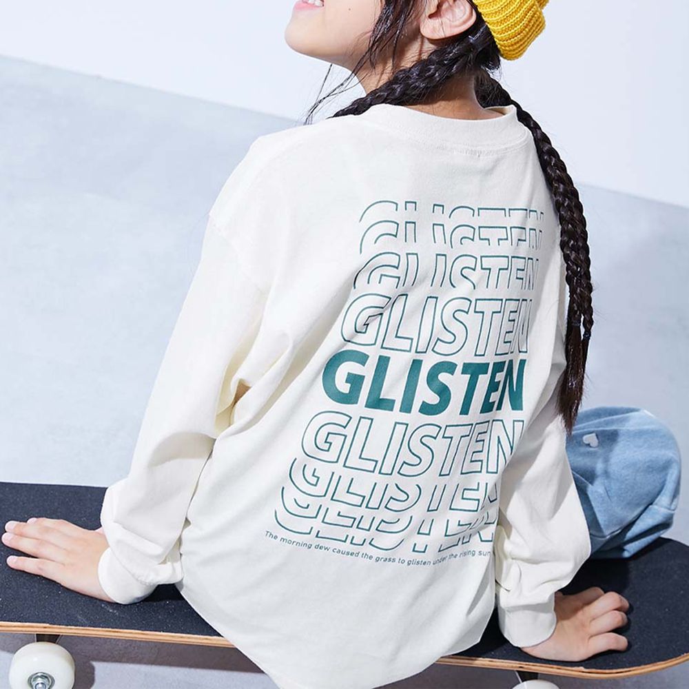 100%棉 定番印花寬版長袖上衣-漸變英文-白