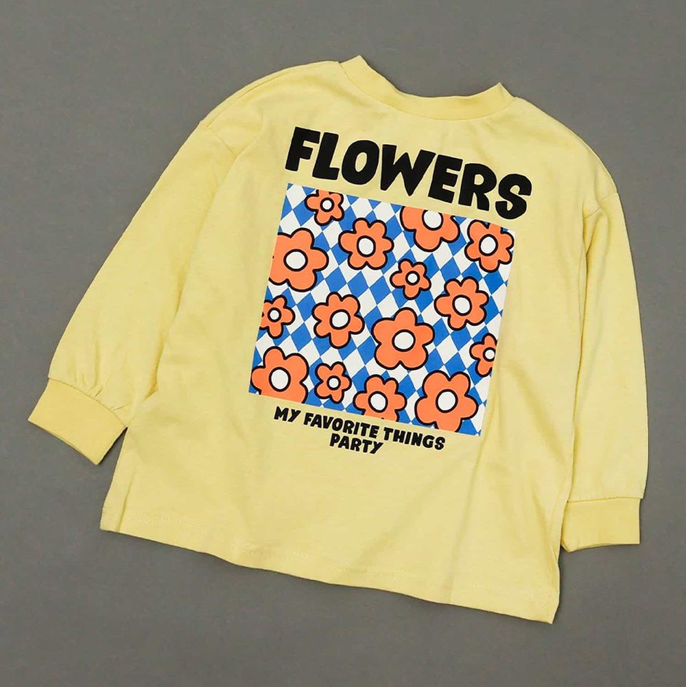 純棉 背後搶眼印花長袖上衣-花朵-黃
