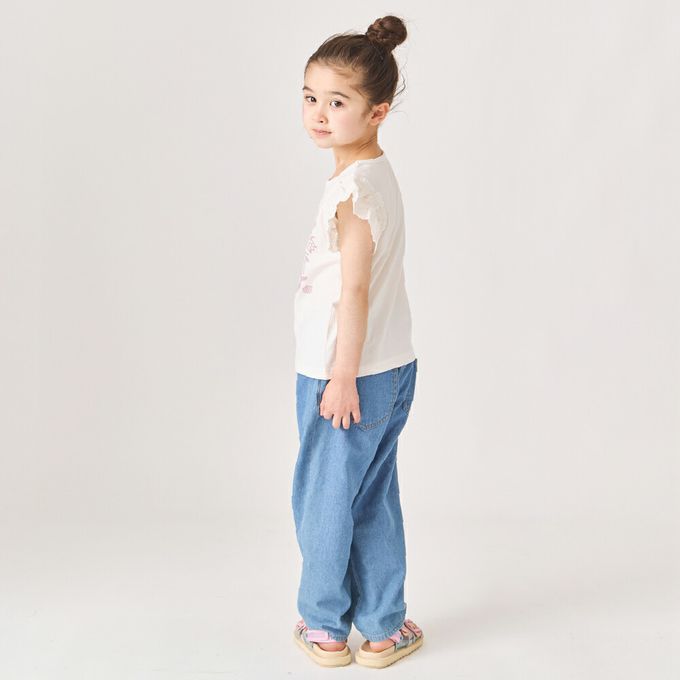 日本 evercloset - 100%棉 蕾絲荷葉邊印花短袖上衣-白