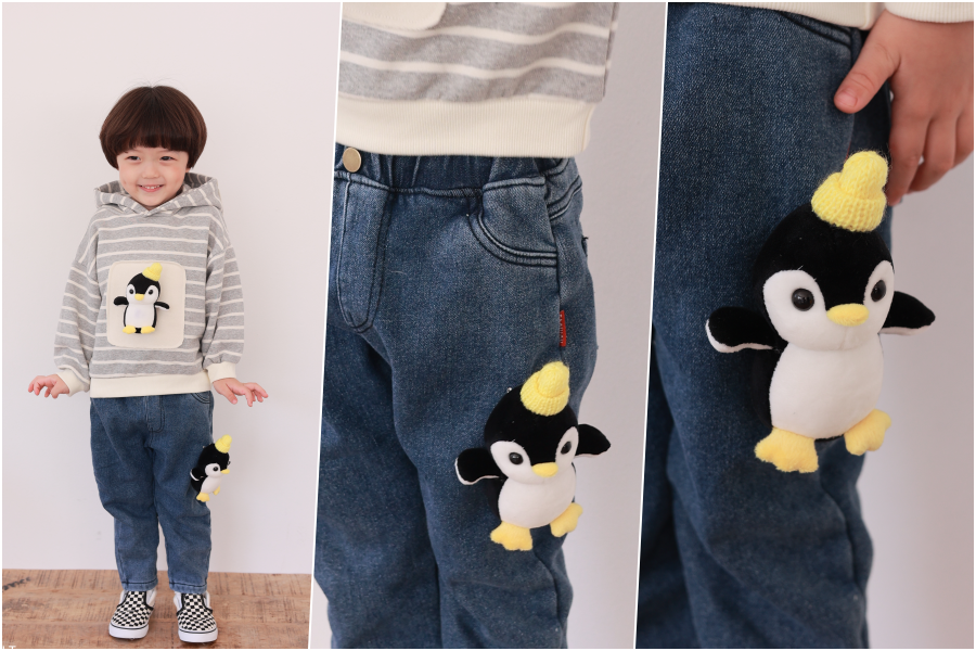 韓國 Coco rabbit - 鬆緊腰彈性牛仔長褲(附玩偶)-企鵝-黑