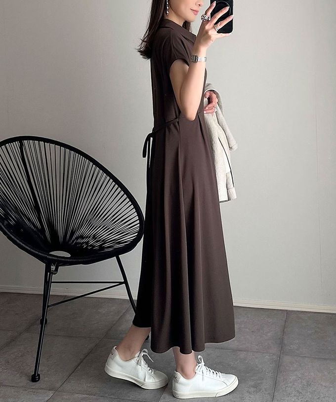 日本 Classical Elf - 接觸冷感 優美V領腰綁帶短袖洋裝-長版-黑