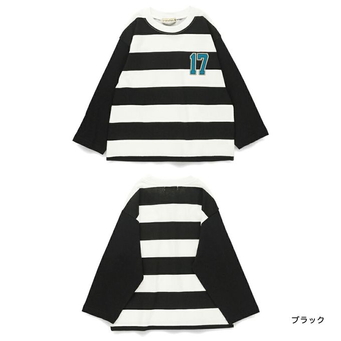 日本 BRANSHES - 休閒粗橫條落肩長袖上衣-數字-黑