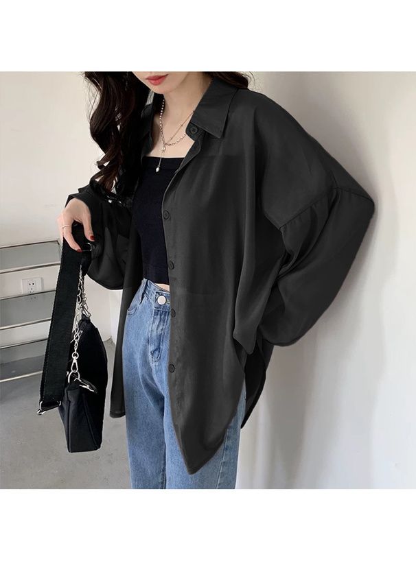 日本 GRL - 透明感氣球袖襯衫/罩衫-淺粉 (M)