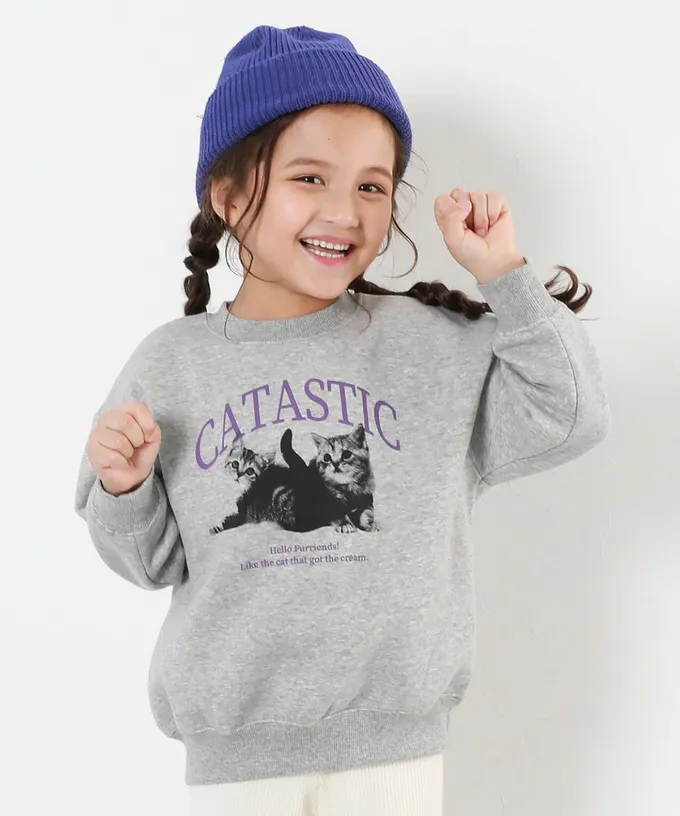 日本 devirock - 熱銷定番 裏起毛女孩印花大學長袖上衣-滿滿愛心-桃粉