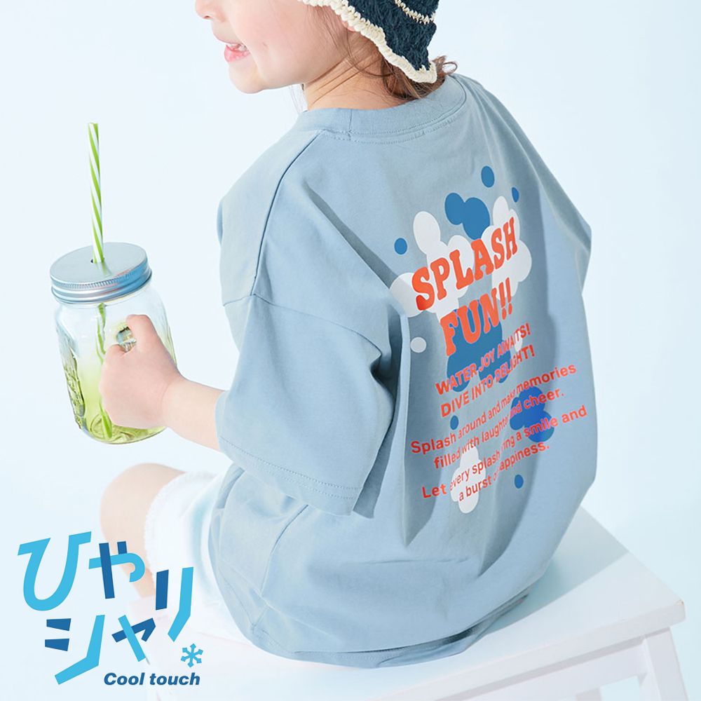 涼感速乾網眼 廓形短袖T恤-背後潑墨-灰藍