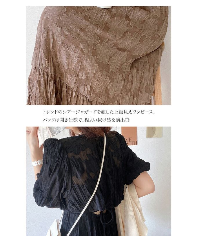 日本 Classical Elf - 透膚露背花卉皺摺深V泡泡袖洋裝-淺綠