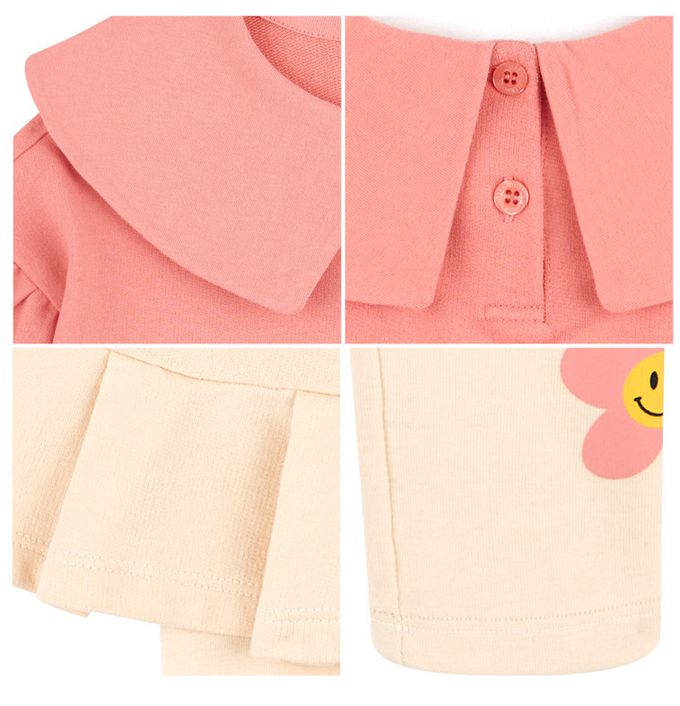 韓國 HEJMINI - 微笑白花裝飾澎袖內搭褲裙套裝-粉X淡橘