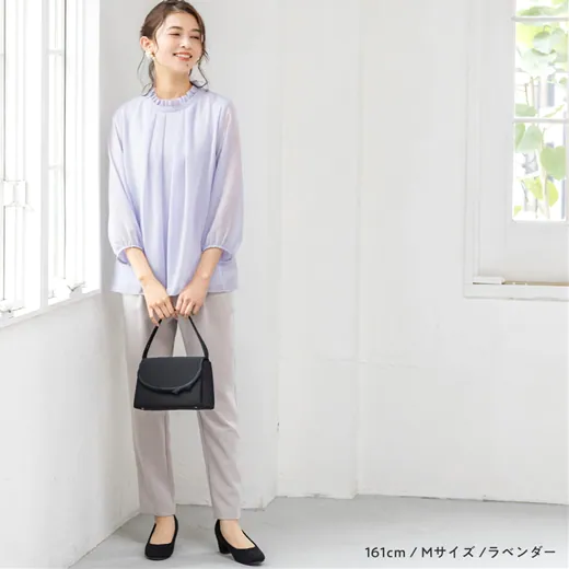 日本 BELLUNA - 優雅抓皺雪紡八分袖上衣-黑