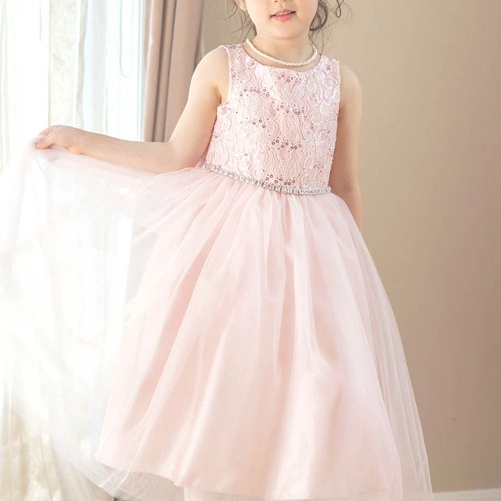 腰鑽飾前蕾絲後緞面洋裝/小禮服-嬰兒粉