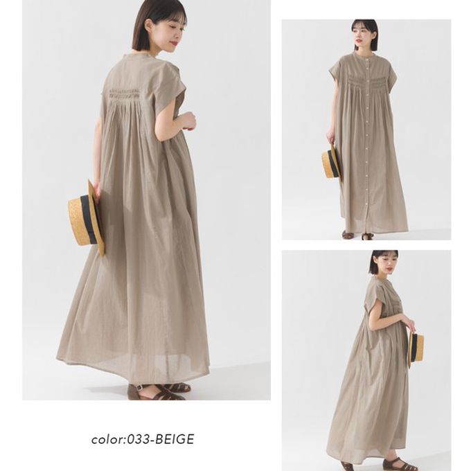 日本 OMNES - 100%印度棉 輕盈襯衫式短袖洋裝-淺棕條紋