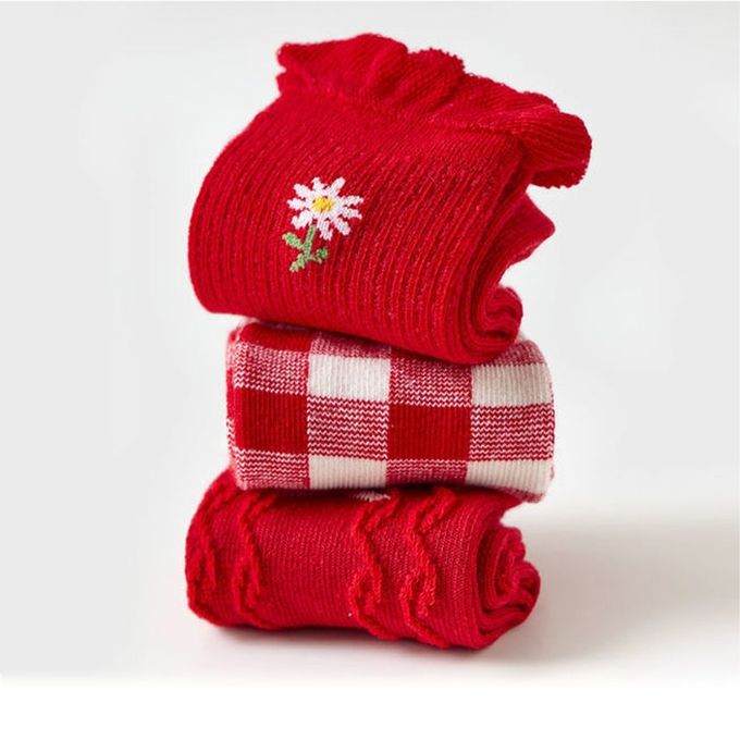 腳ㄚ子 - 幼/兒童棉質中筒襪 童襪 襪子 棉襪 兒童襪-絳紅飛花