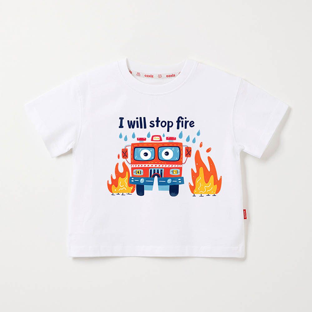 100%澳洲棉純粹呼吸短袖上衣-勇敢消防車-白