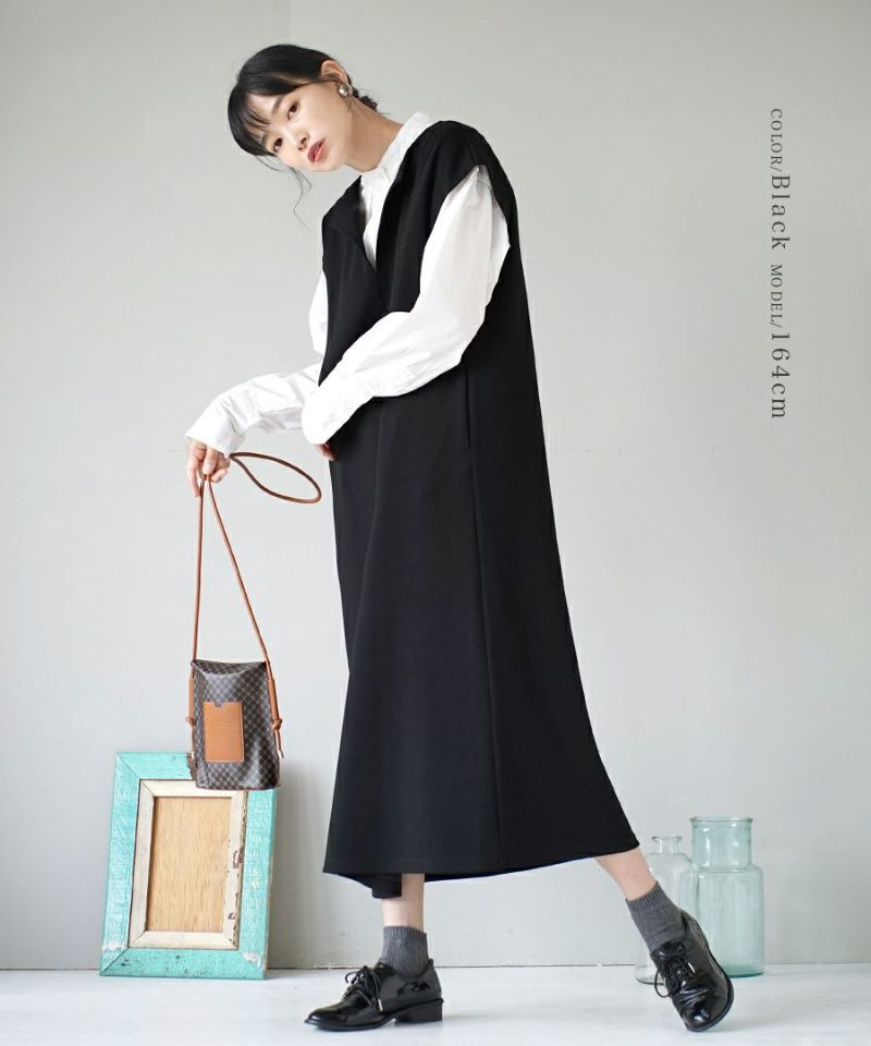 日本 zootie - 柔軟舒適V領背心裙/洋裝-知性黑