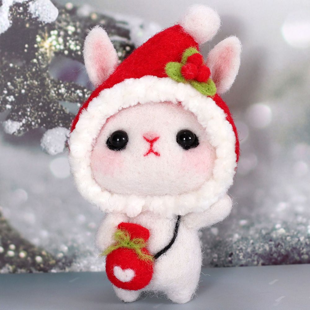 Diy療癒兔子羊毛氈戳戳樂材料包-聖誕帽兔兔