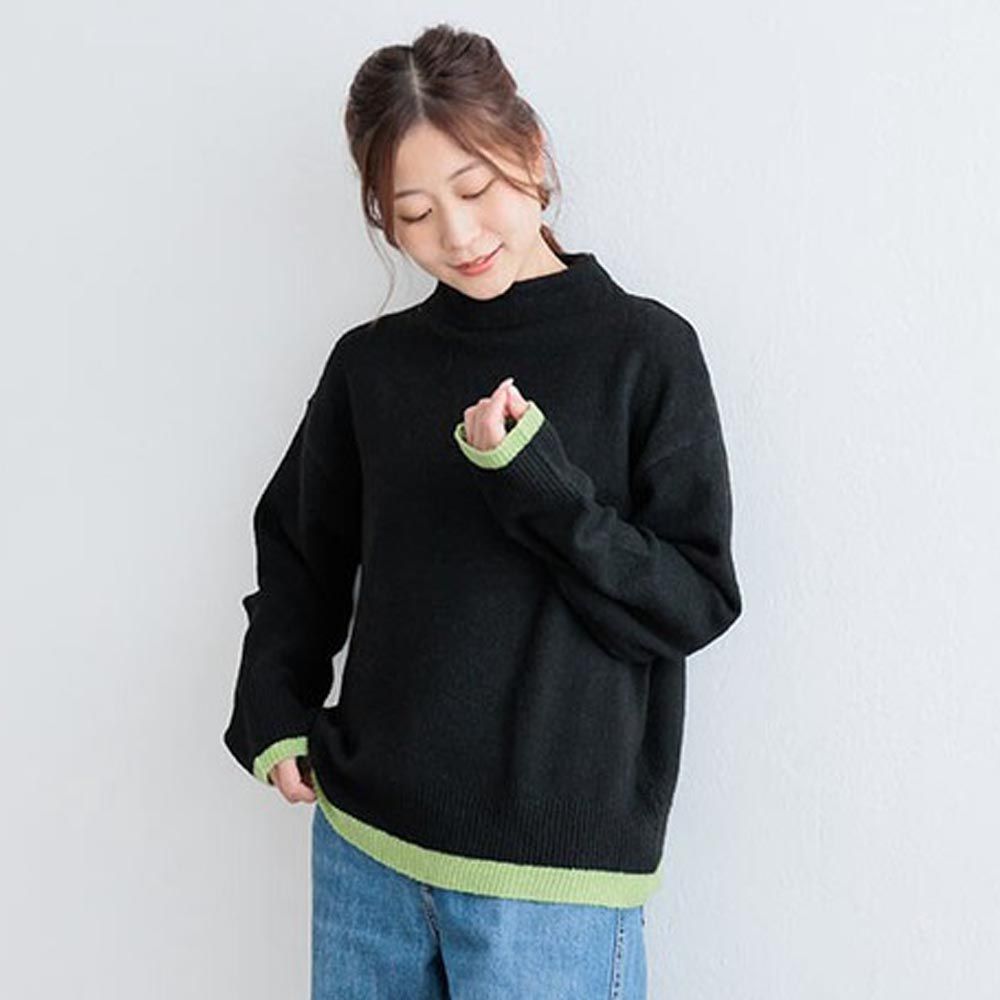 日本 ihuu - 下擺撞色立領針織毛衣-黑x果綠