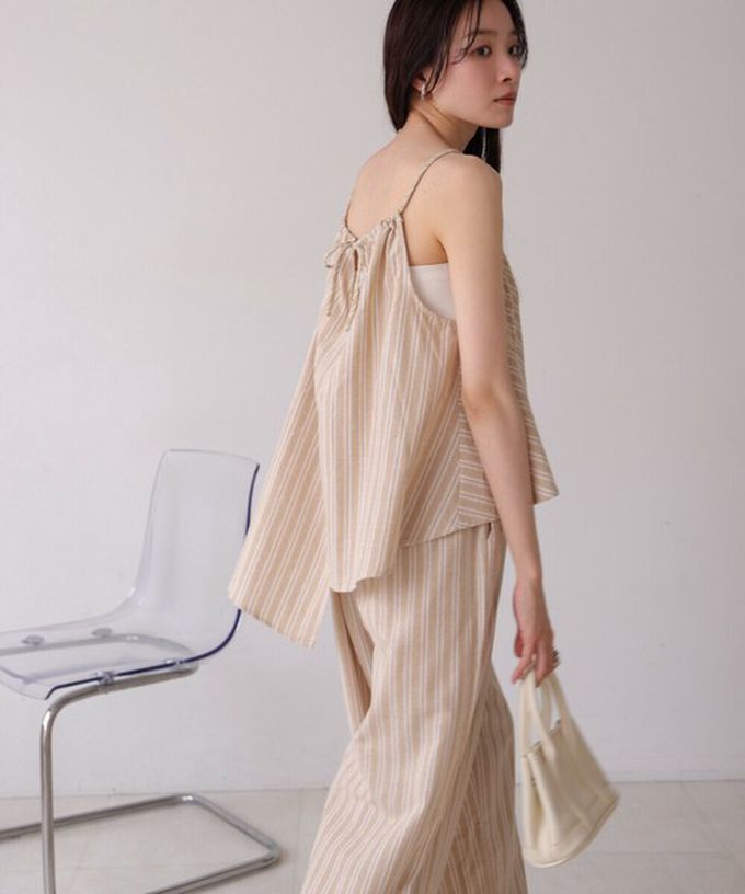 日本 Bab - 簡潔舒適混棉細肩帶長褲套裝-條紋-卡其杏 (M)