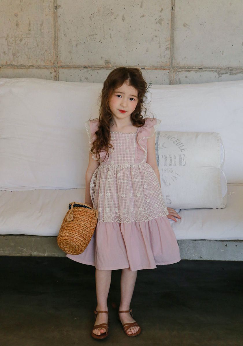 韓國 PuellaFLO - 假兩件格子花朵圍裙洋裝-粉紅