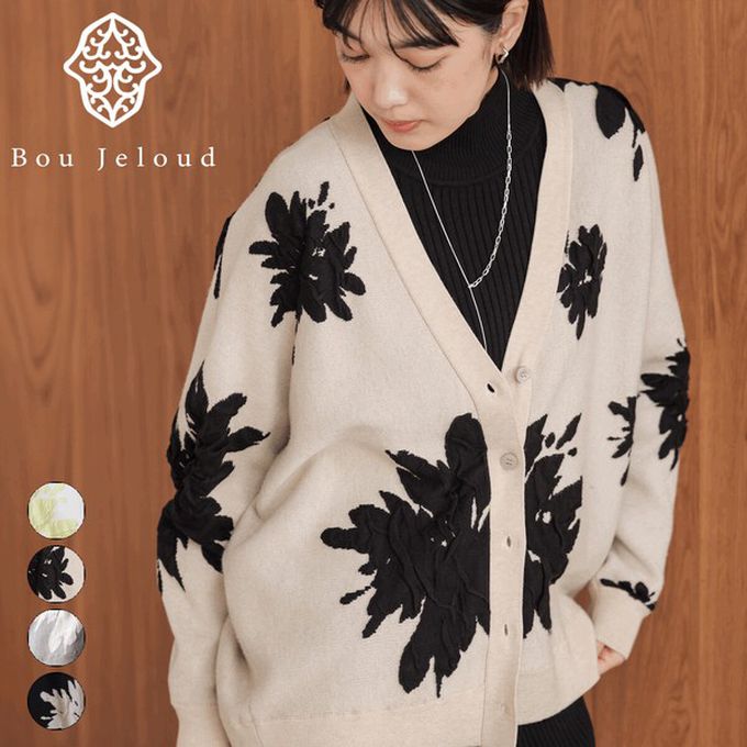 日本 Bab - 唯美花卉寬鬆感針織開襟外套-杏黑