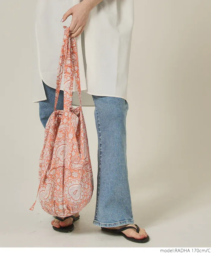 日本 COCA - 100%印度棉木刻版印刷抽繩托特包/購物袋-粉紫