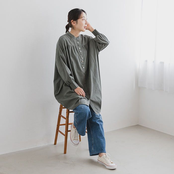 日本 ihuu - 文藝少女排扣長版襯衫-米杏