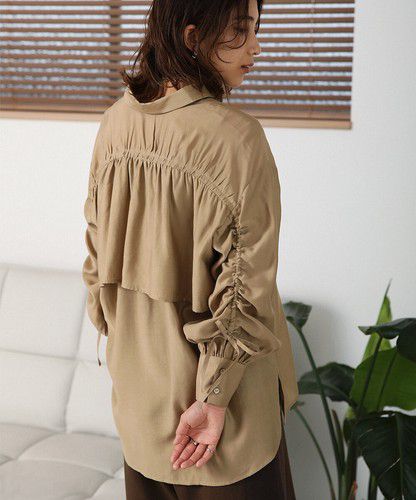 日本 Bou Jeloud - 個性抽繩設計長袖襯衫-淺墨綠