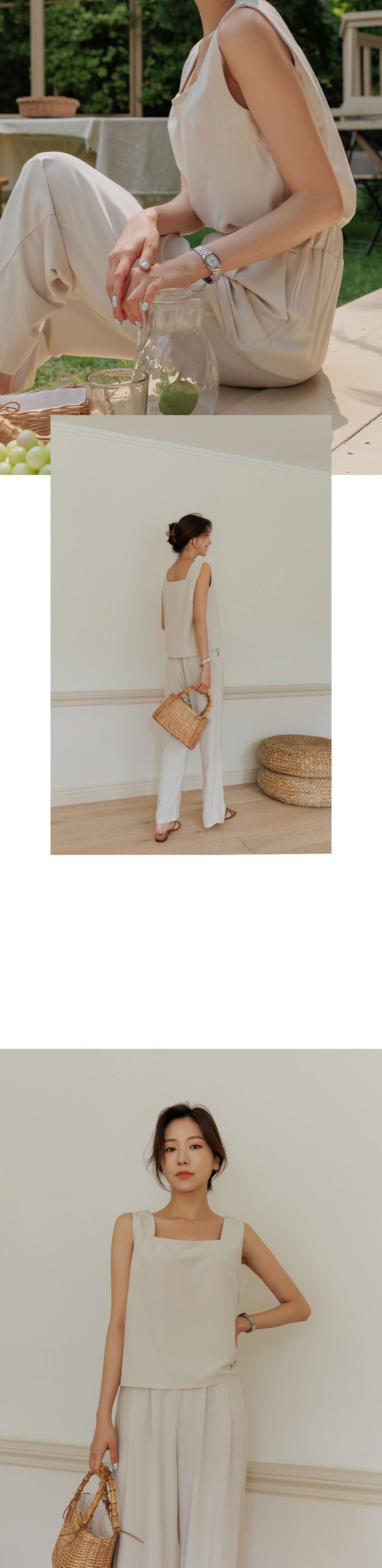 韓國 Urbantheroom - (兩件式)純色方領背心套裝-奶油杏 (Free)