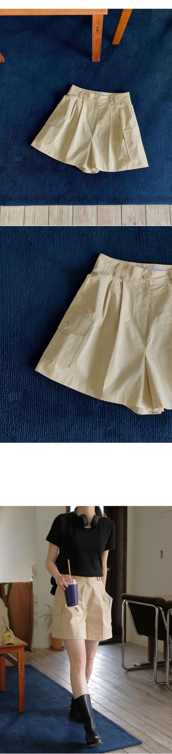 韓國 98doci - 設計感側口袋寬版五分褲-卡其