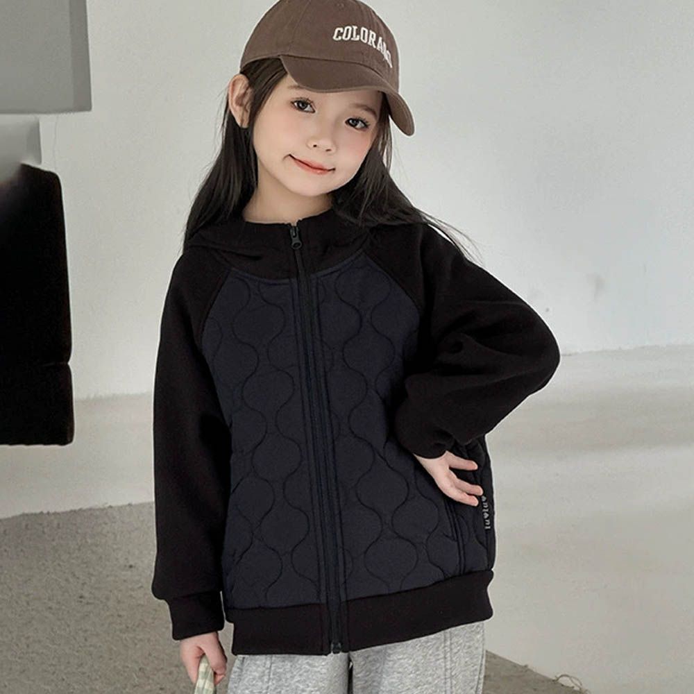 拼接絎縫鋪棉連帽外套-黑色