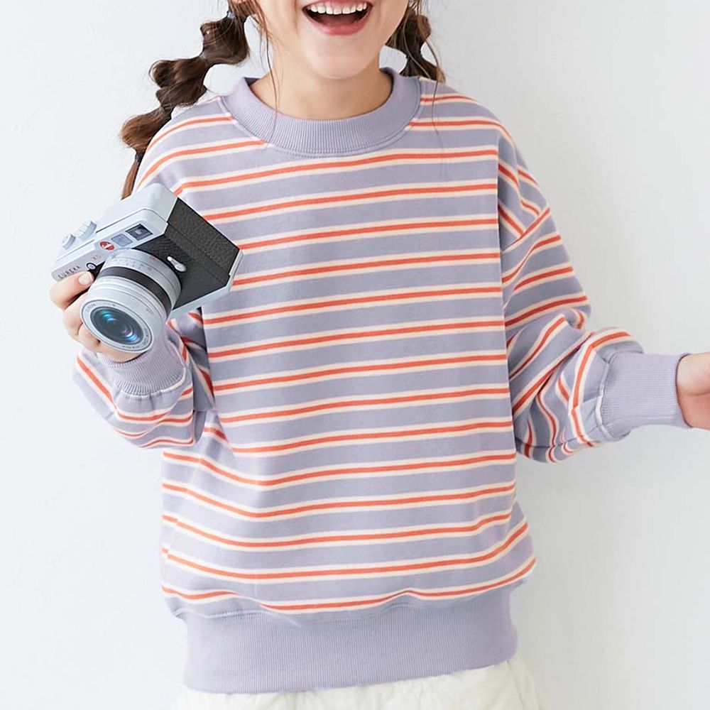 裏起毛 百搭條紋大學長袖上衣-紫