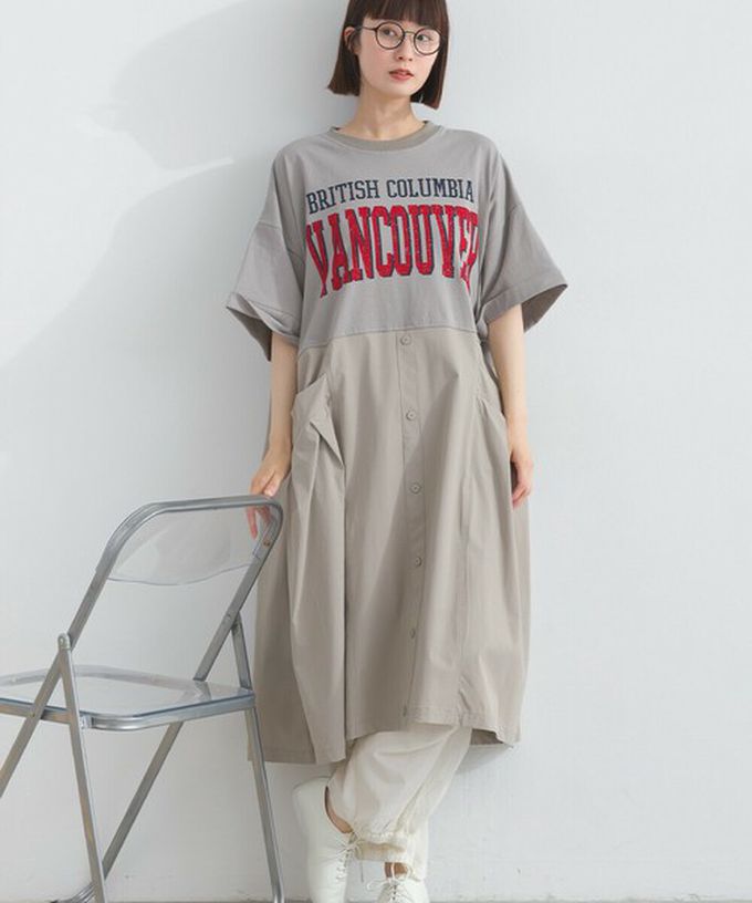 日本 Lupilien - 異素材撞色學院風俐落短袖洋裝-炭灰