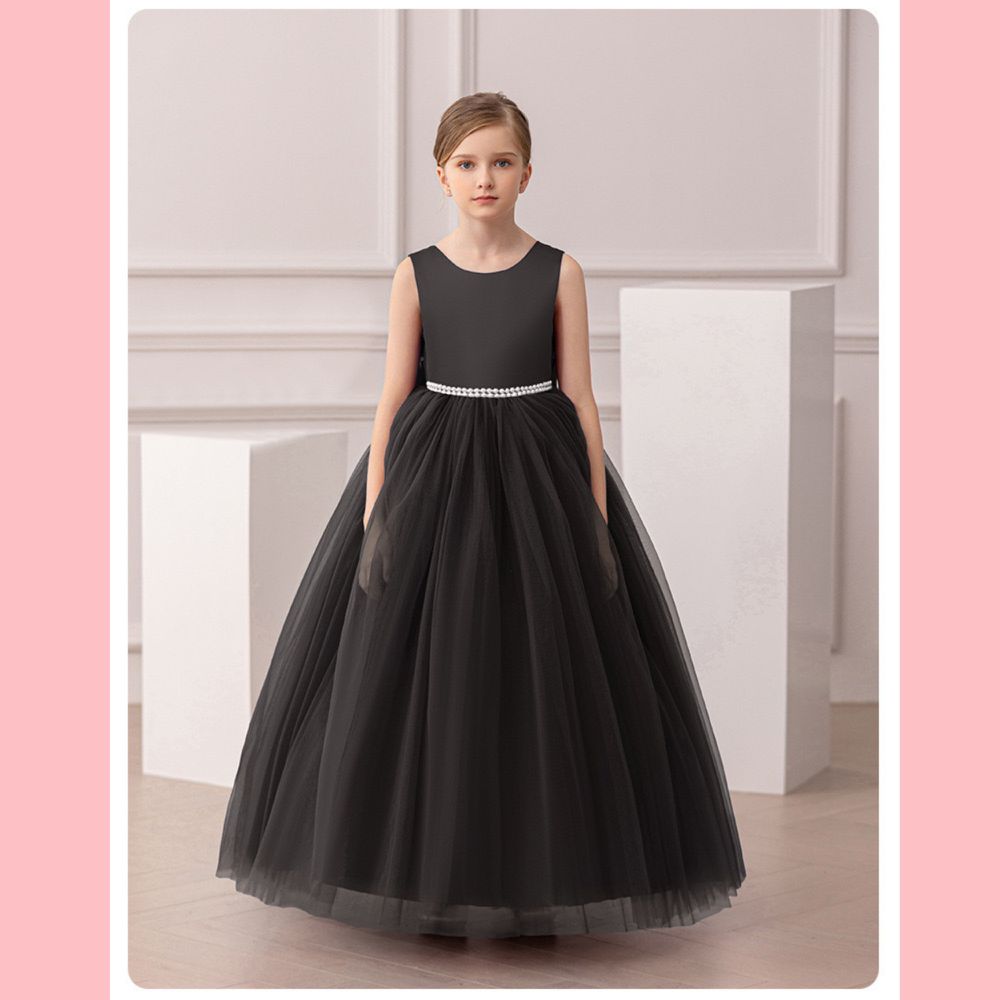 歐美系素雅黑水鑽腰帶婚紗緞長禮服-黑色