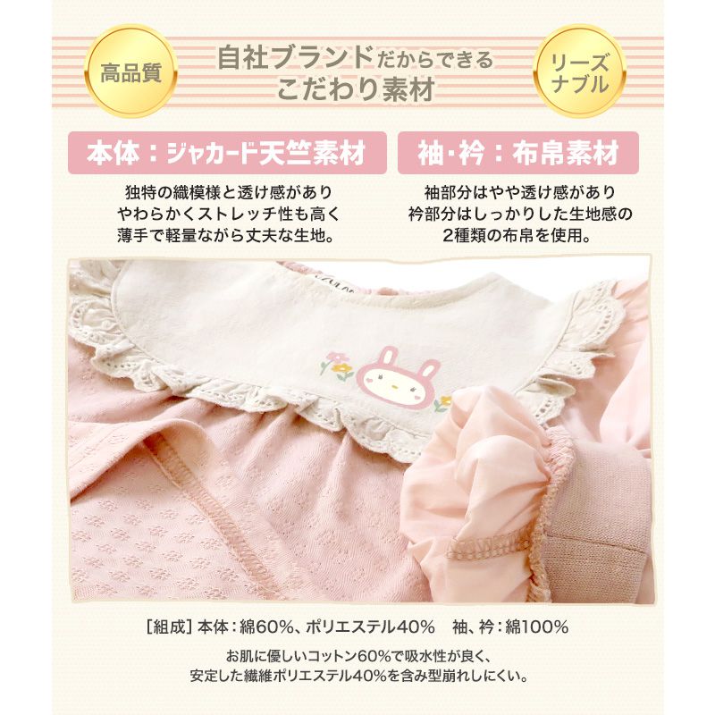 日本 ZOOLAND - 童趣印花拼接長袖上衣-荷葉領兔兔-淺粉