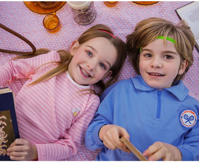 韓國 OZKIZ - 櫻桃點綴條紋長袖上衣-粉X白