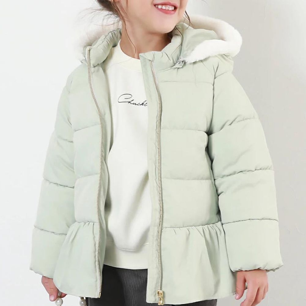 甜美下擺輕暖纖維羽絨外套(毛帽可拆)-淡綠