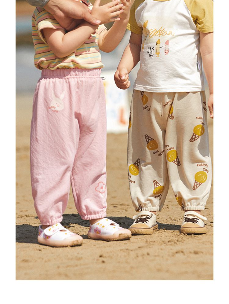 寬鬆束口防蚊褲/空調褲-兔子與小花-粉色