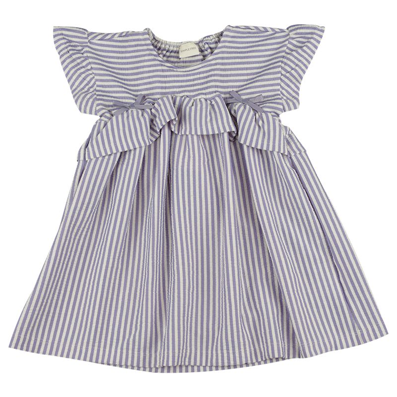 akachan honpo - 短袖洋裝 楊柳布-直條紋-藍色
