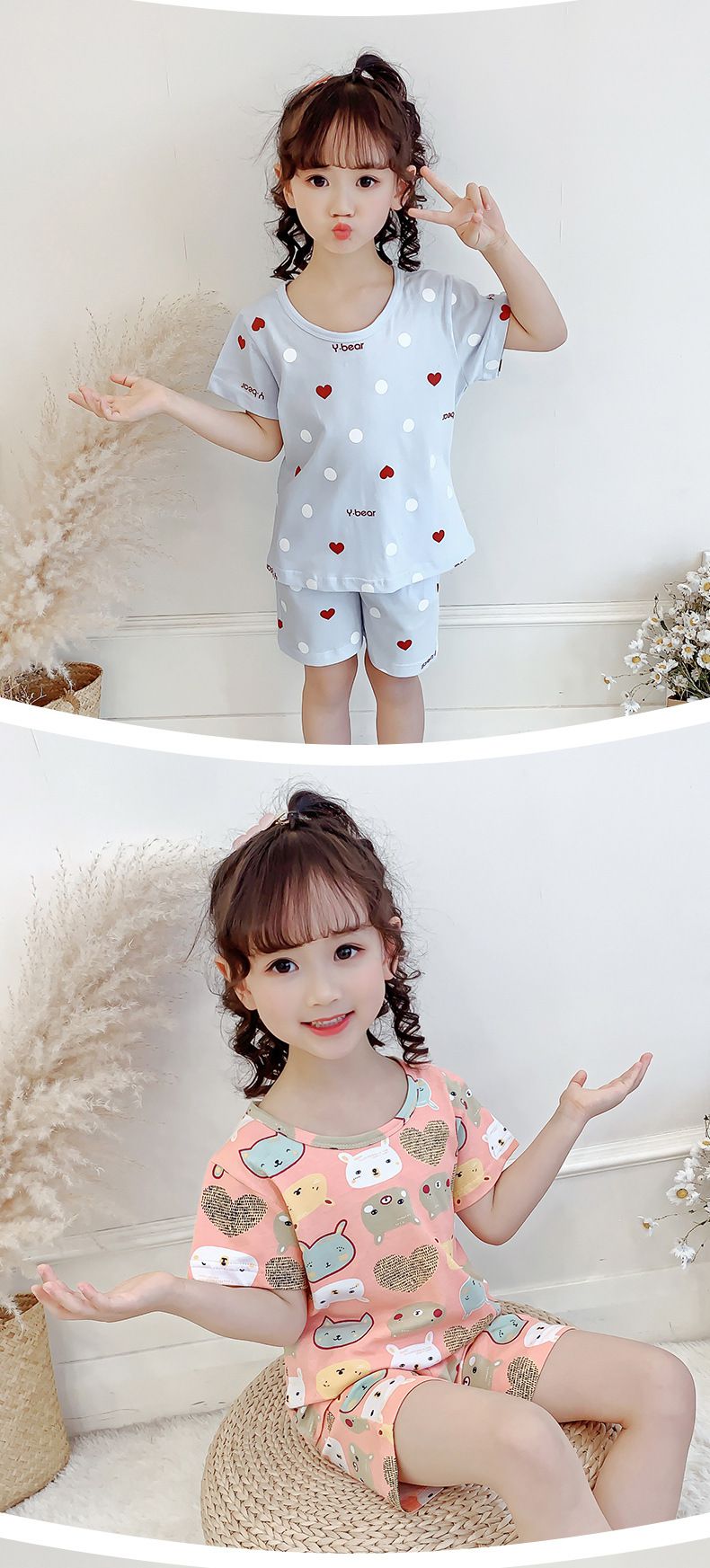 純棉兒童短袖家居服套裝-小女孩-白色