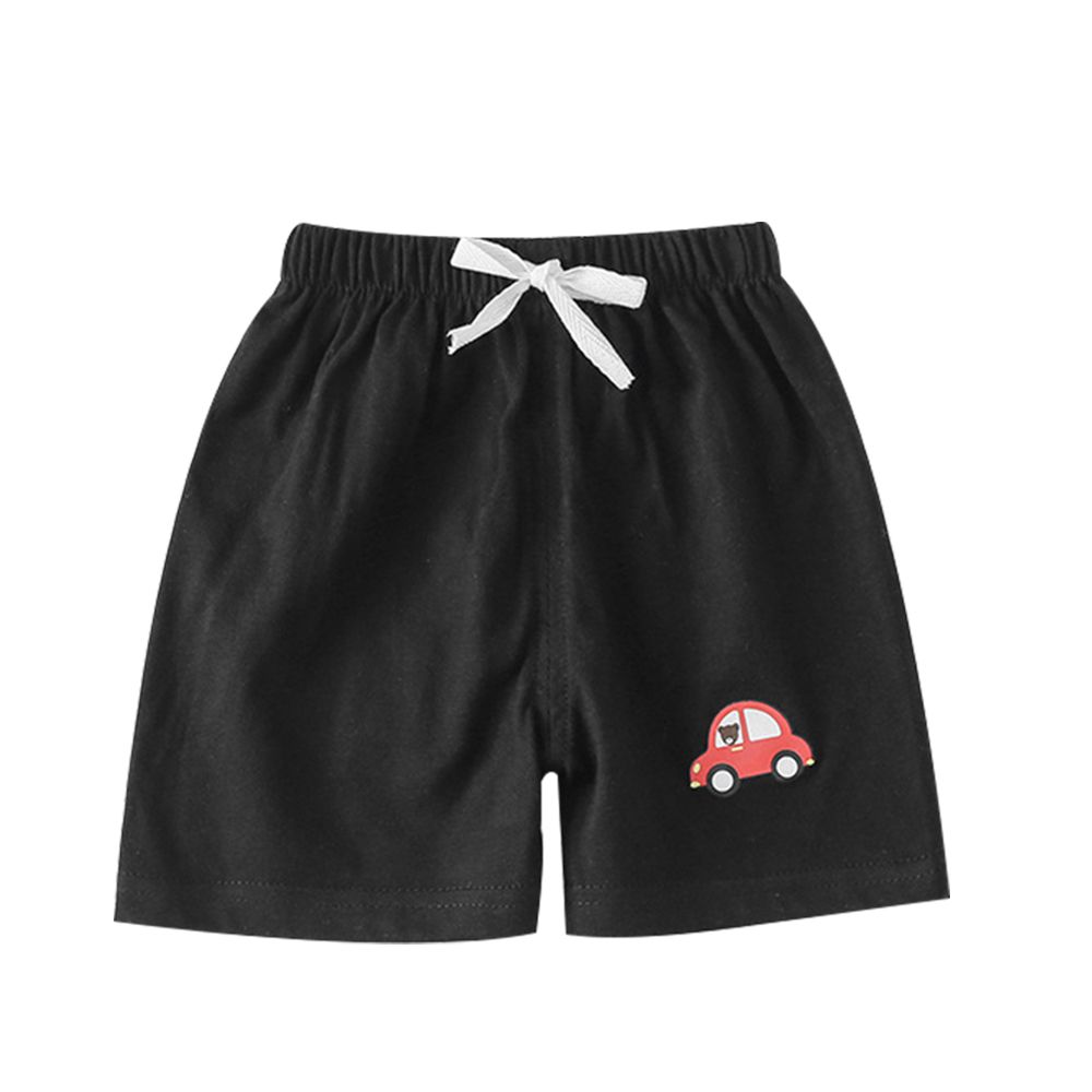 純棉短褲 兒童短褲 褲子可開檔換尿布-素色-黑底汽車