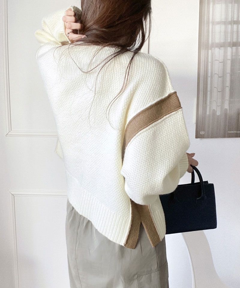 日本 Classical Elf - 撞色拼接寬鬆落肩毛衣-黑x杏