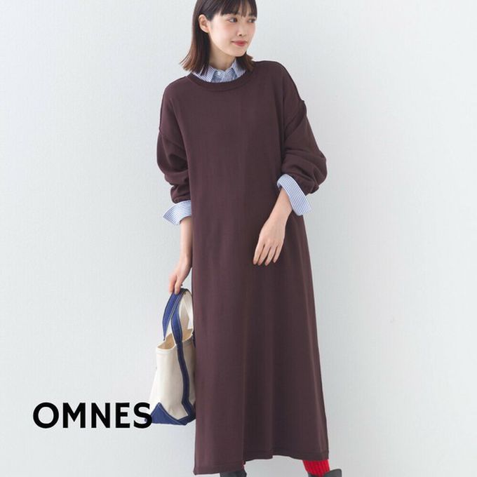 日本 OMNES - 落肩優雅柔滑嫘縈素色長袖洋裝-可可棕